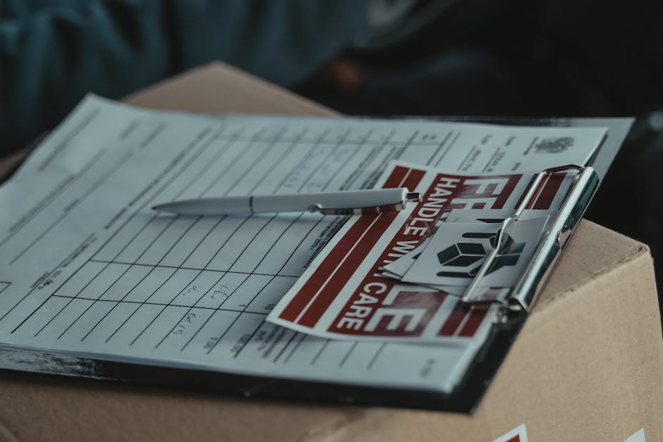 A close-up view of a clipboard placed on top of a cardboard box, containing a moving checklist form related to house removals in Thornton Heath. The form displays columns and handwritten notes, while an IKEA-handled pen rests across the clipboard. Adjacent to the clipboard are packing and moving materials, including a small white label with a barcode and a transparent plastic clip. The scene is set inside a property, where the focus is on organizing items for home relocation, with natural lighting illuminating the workspace. The setting suggests the packing and moving process, with focus on the documentation and preparation involved in furniture transport and logistics, as handled by Croydon Movers' removals service.